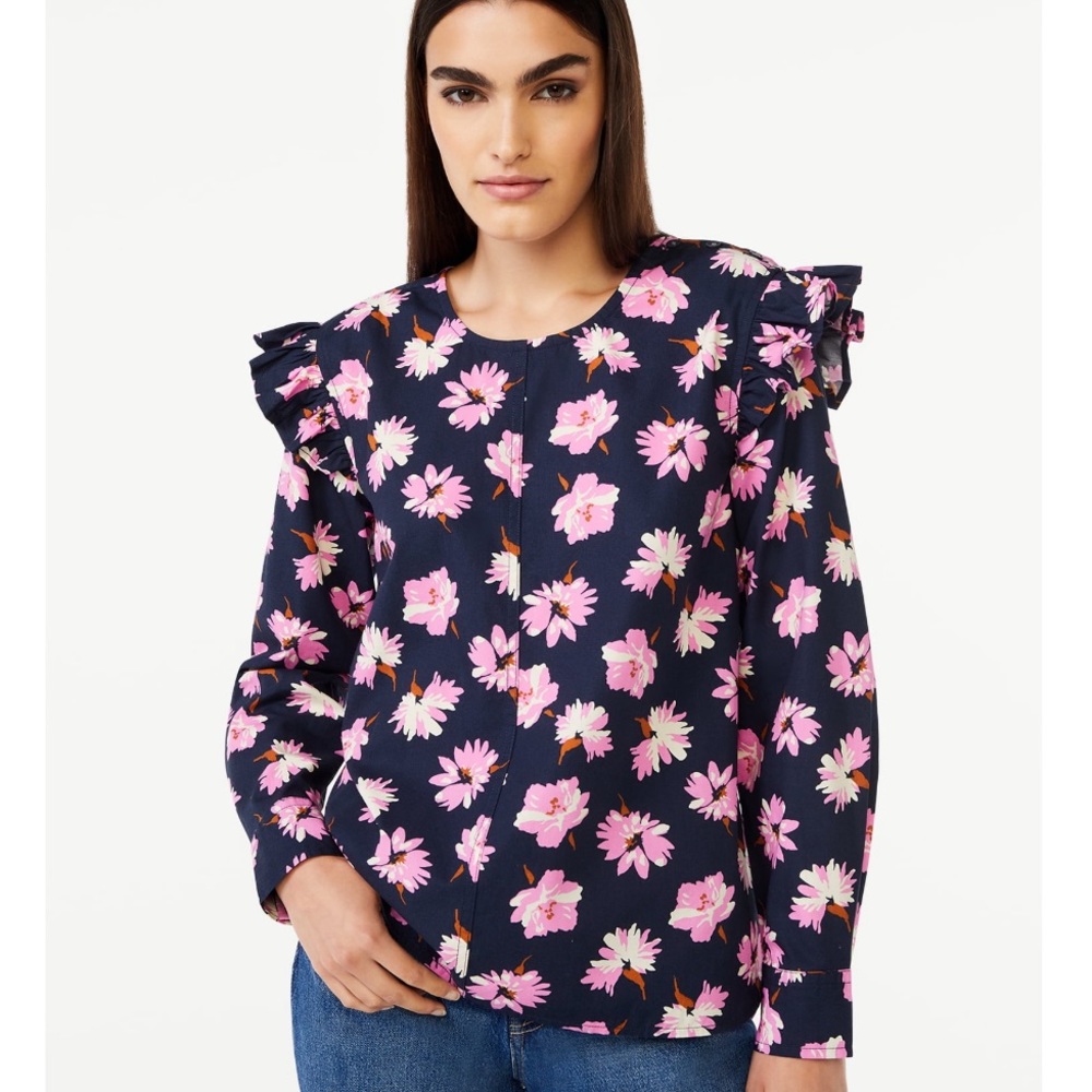 Free Assembly Navy & Pink Floral Ruffle Long Sleeve Cotton Blouse Size XS